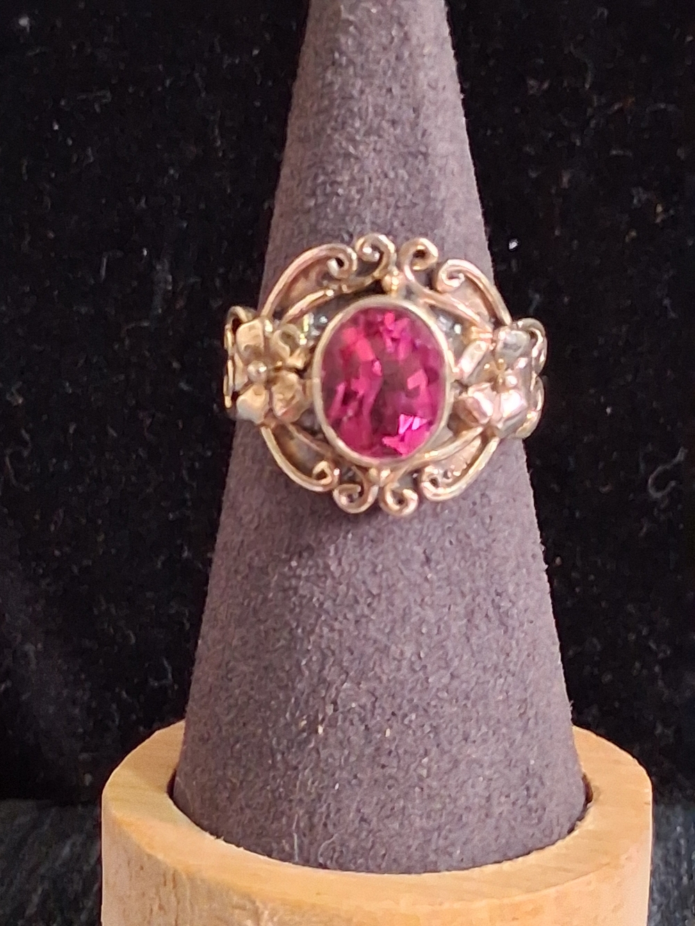 Boho Vintage Sterling Silver Filigree Statement Ring Vibrant Pink Gemstone Sz 8